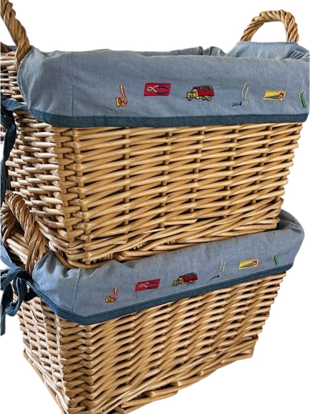 Set of 2 Wicker Storage Baskets with embroidered truck theme blue Liners